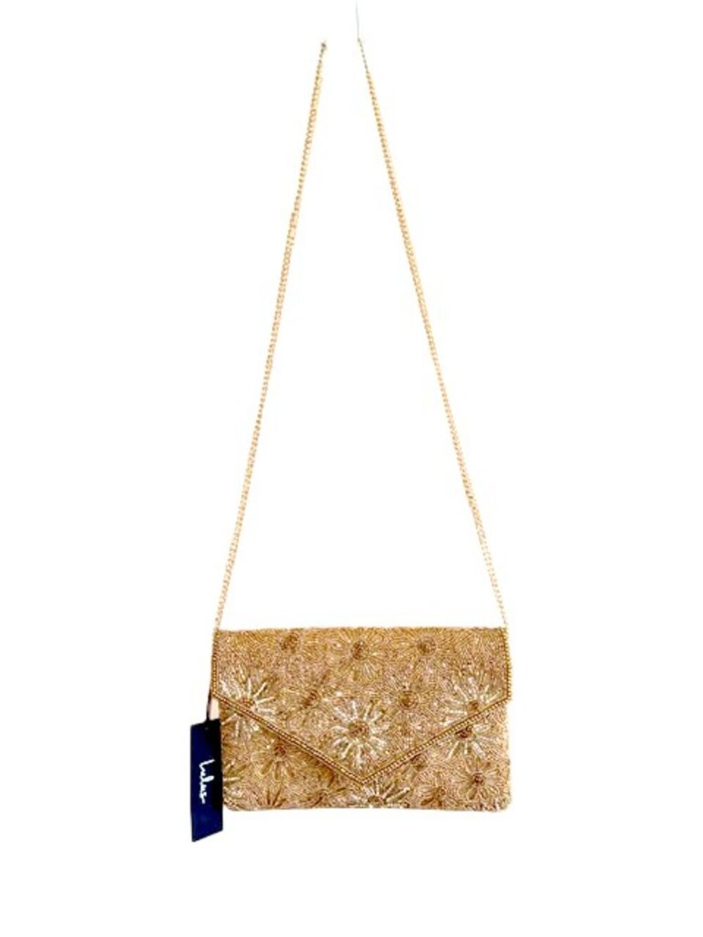 Lulus Gold Beaded Floral Envelope Clutch Crossbody Bag NWT - Picture 2 of 9